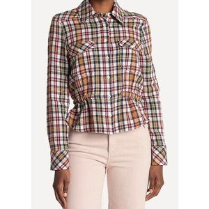 Veronica Beard Linen Cotton Seneca Plaid Puff Sleeve Peplum Top size 0